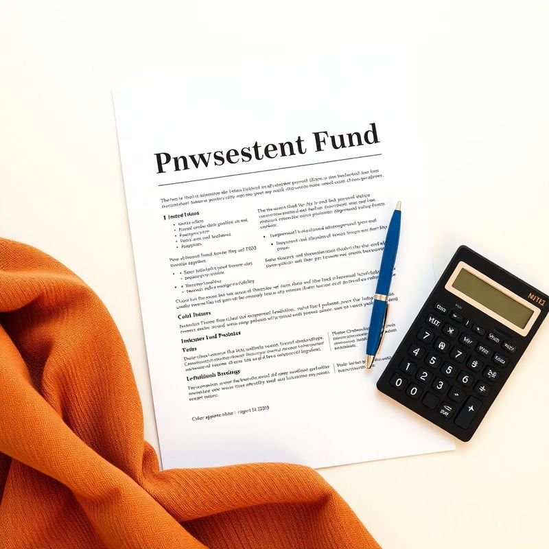 Flat-lay editorial cu prospectus de fond de investiții, calculator și pix albastru-cerneală pe fundal alb cald